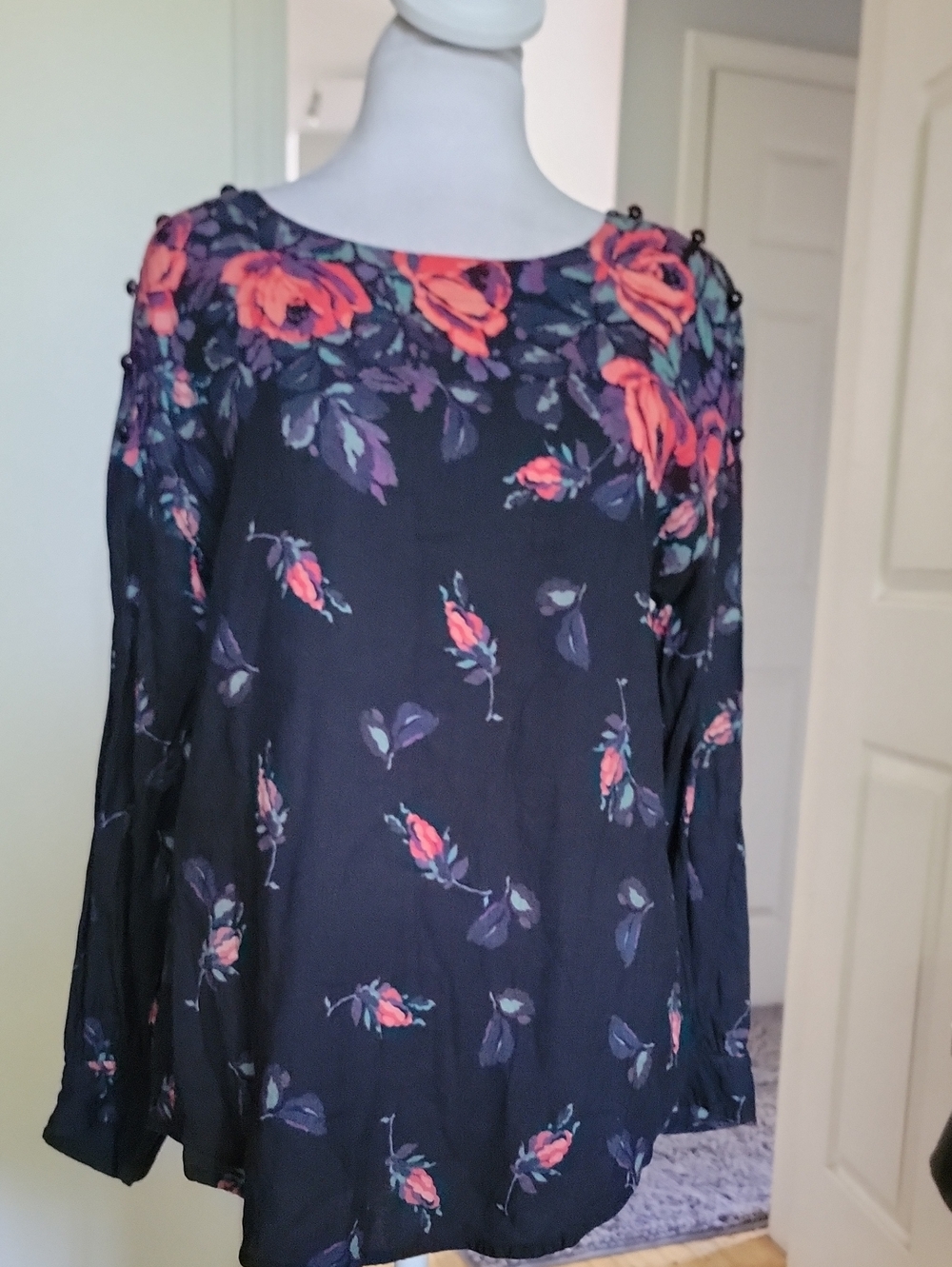 Maeve Floral Long-Sleeve Blouse - Navy with Coral Rose Print